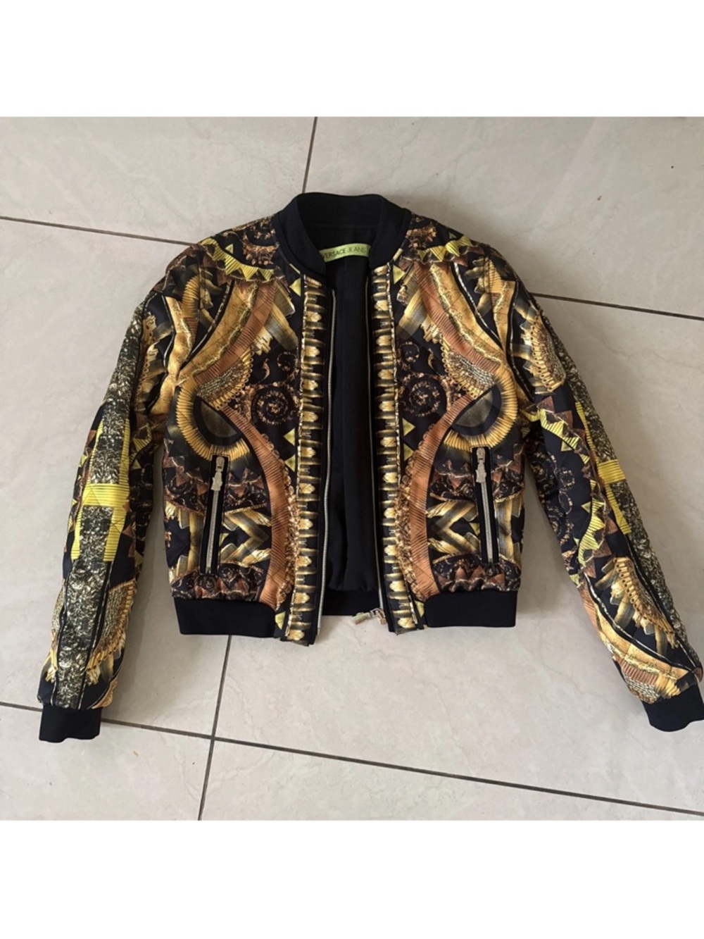 Versace Jeans Women Bomber Jacket Gold Baroque Print Zip Up Italy Size 38 US 2